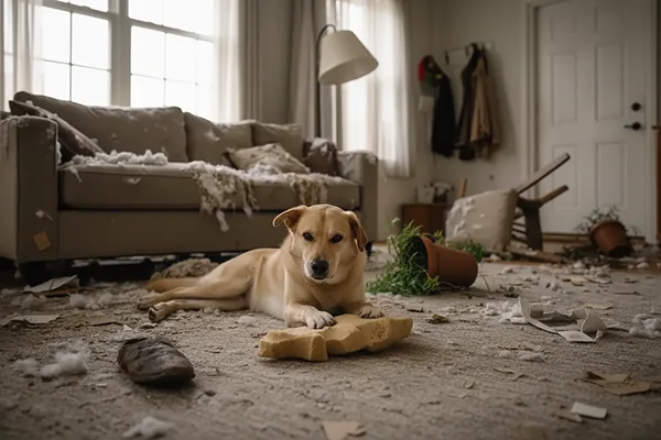 Chien seul au milieu d’un salon, entouré de coussins déchirés