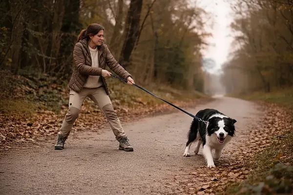Chien tirant fortement sur sa laisse, devançant la personne qui le promène